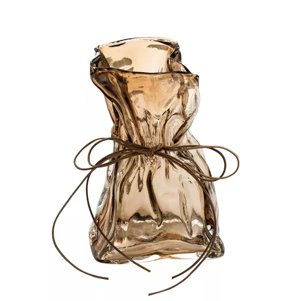 Coolibre Amber Crystal Glass Pouch Vase – Artistic Handcrafted Decorative Vase for Home