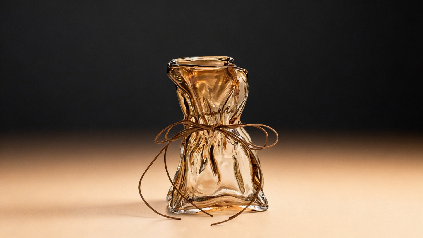 Coolibre Amber Crystal Glass Pouch Vase – Artistic Handcrafted Decorative Vase for Home